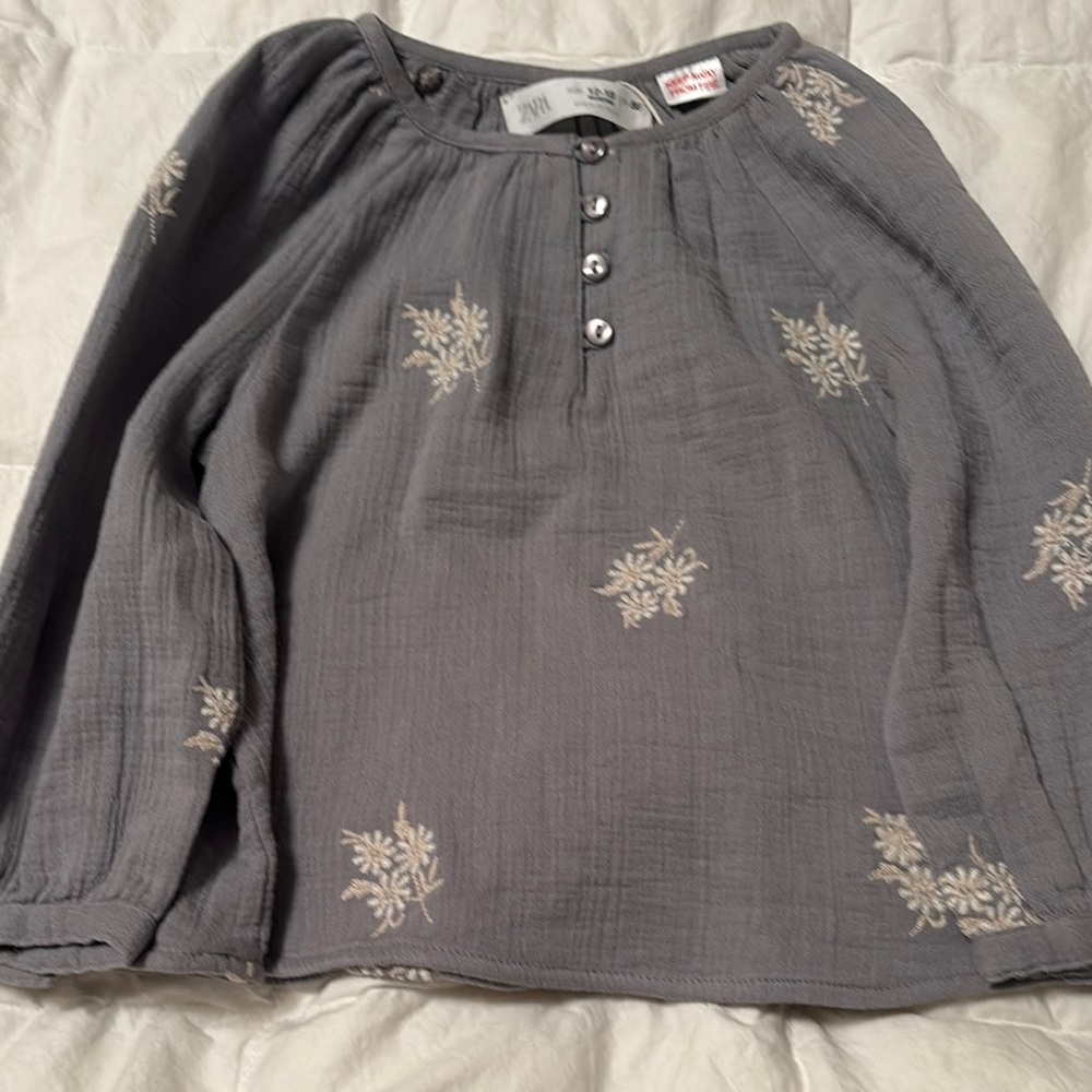 Zara Toddler top Gray Long Sleeve Blouse with Floral Embroidery